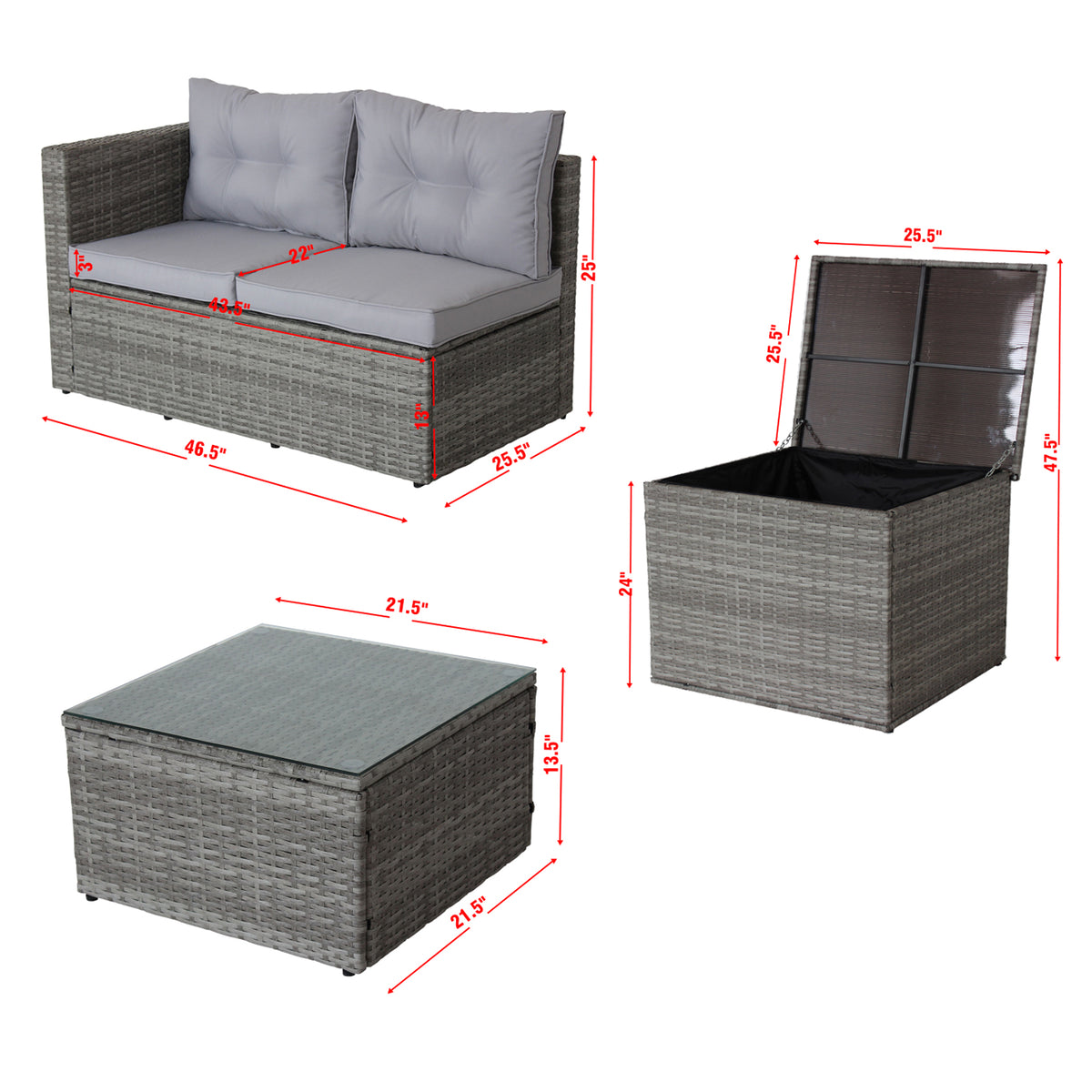 4 Piece Patio Sectional Wicker Rattan Outdoor Furniture Sofa Set with Storage Box Grey
