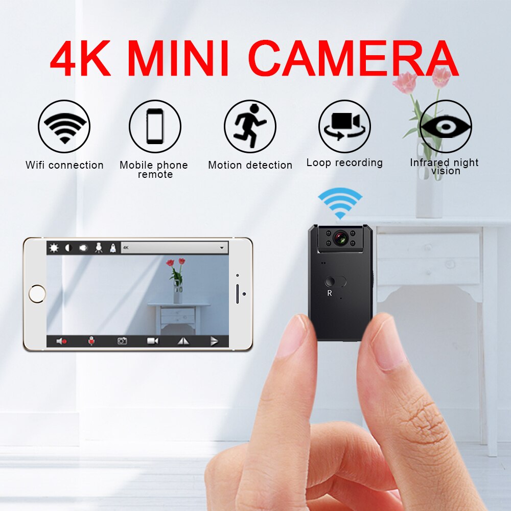 كاميرا صغيرة 4K واي فاي ذكية لاسلكية، كاميرا فيديو بنقطة اتصال IP، رؤية ليلية عالية الدقة، تصوير فيديو دقيق، كشف الحركة، مدونات فيديو، كاميرا تجسس