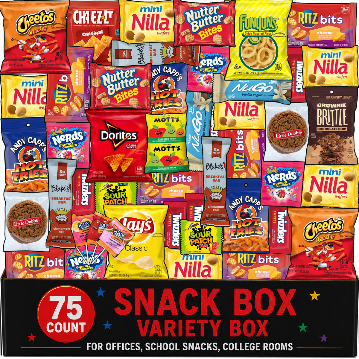 Snack Box For Pack 75 Count Snack And Candy Gift Basket Care Package With Assorted Individually Wrapped Snacks And Candies For Students Road Trips Office Snacks