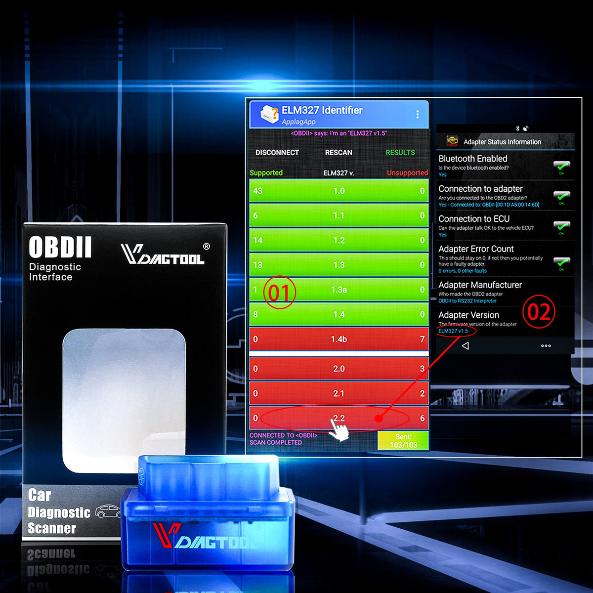 أداة فحص وتشخيص أعطال السيارات OBD2 HH OBD ELM327 V1.5 بلوتوث، قارئ بيانات المحرك وواجهة برمجة لنظام CAN BUS متوافقة مع أندرويد والكمبيوتر