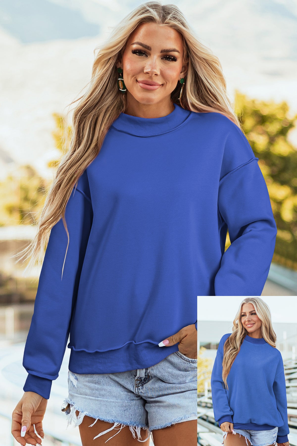 Light Grey Oversize Drop Shoulder Reversible Mock Neck Sweatshirt