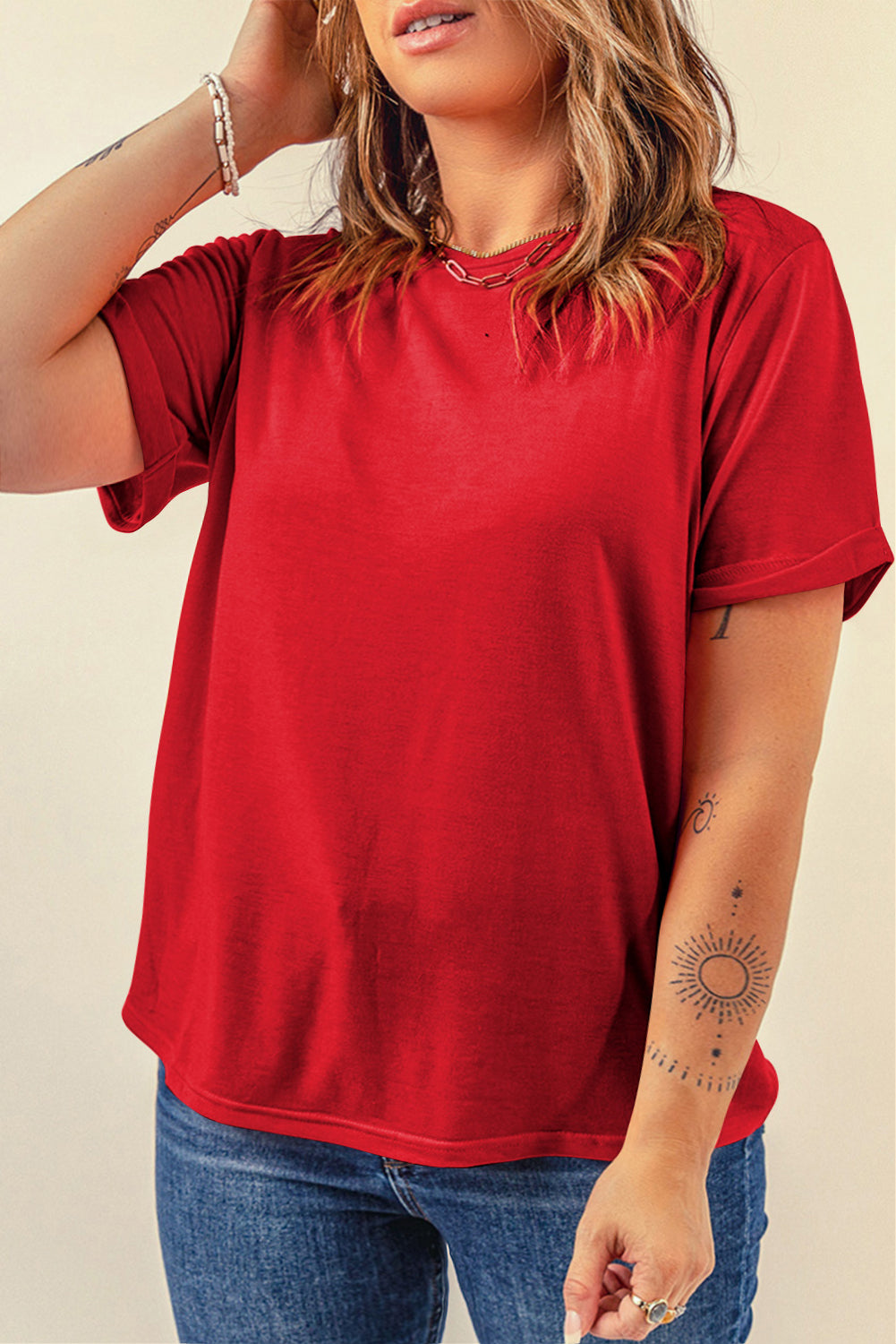 Dark Blue Casual Plain Crew Neck Tee