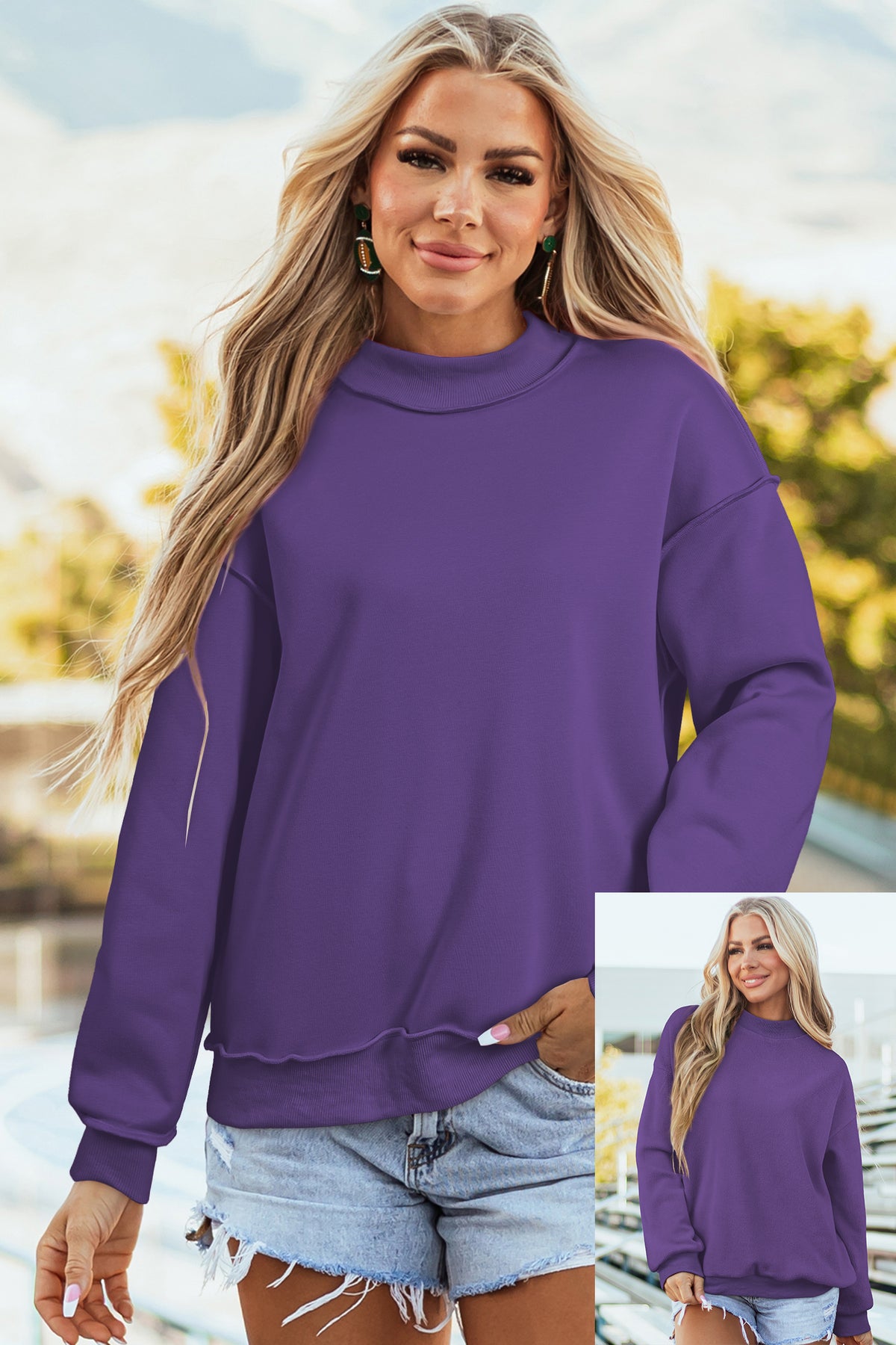Light Grey Oversize Drop Shoulder Reversible Mock Neck Sweatshirt
