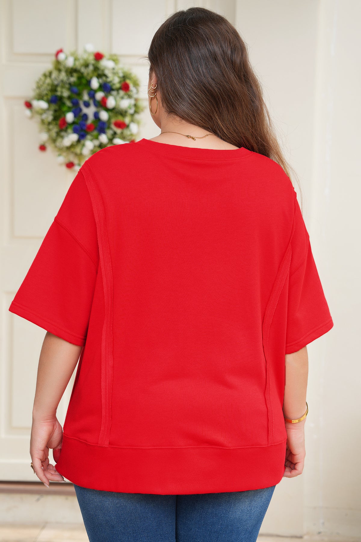 Fiery Red Plus Size Solid Color Notched Neck Seam Detail Patchwork Short Sleeve Top