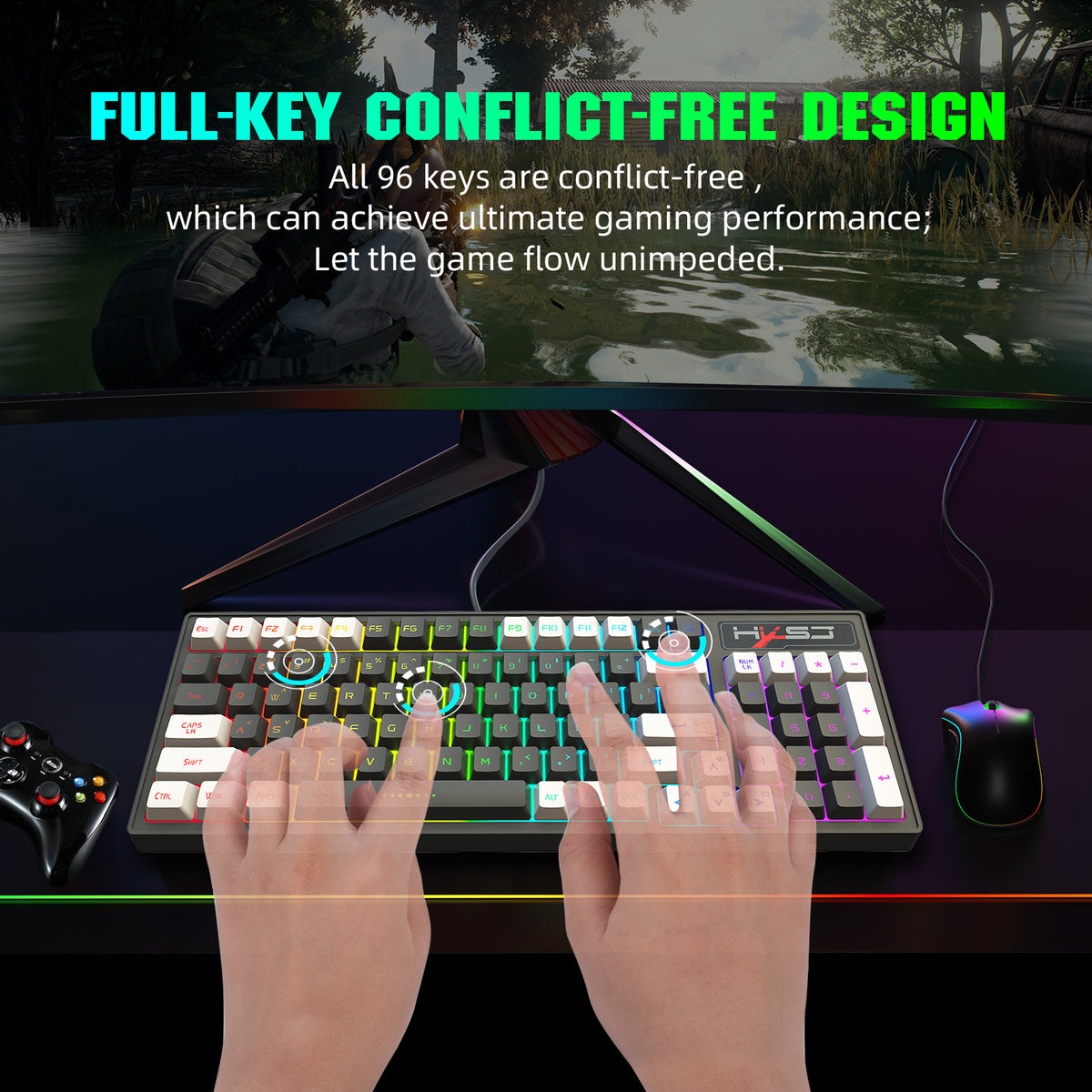 لوحة مفاتيح ألعاب بإضاءة خلفية RGB وأغطية مفاتيح بلونين (رمادي وأبيض) لاسلكية غشائية 2.4G