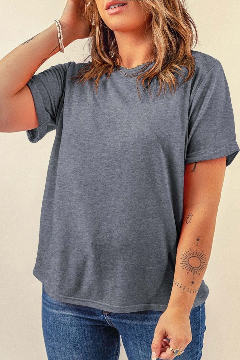 Dark Blue Casual Plain Crew Neck Tee