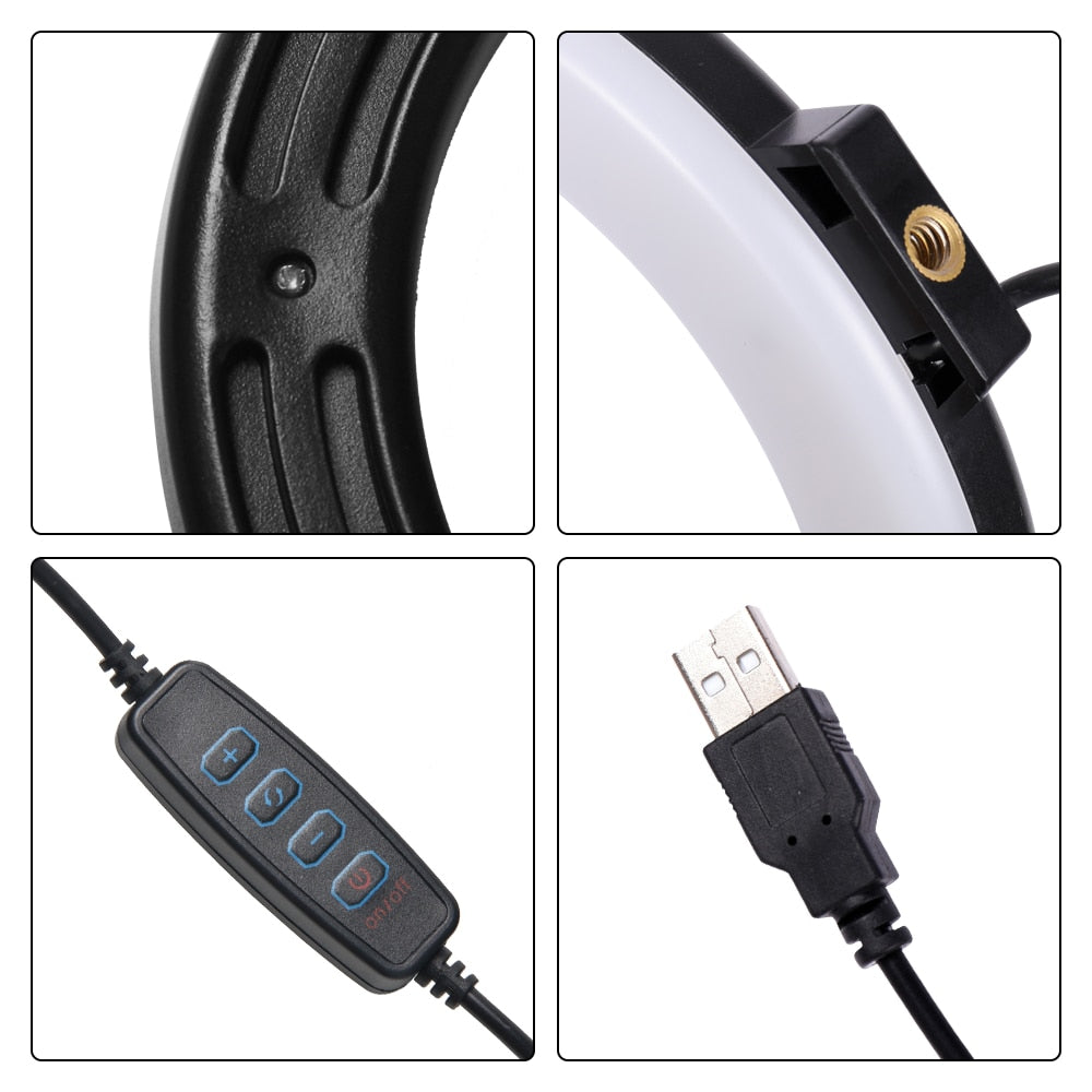 مصباح حلقة إضاءة فيديو صغير مقاس 6 بوصة لسطح المكتب مع حامل ثلاثي القوائم ومنفذ USB للتصوير الفوتوغرافي واستوديو يوتيوب والبث المباشر