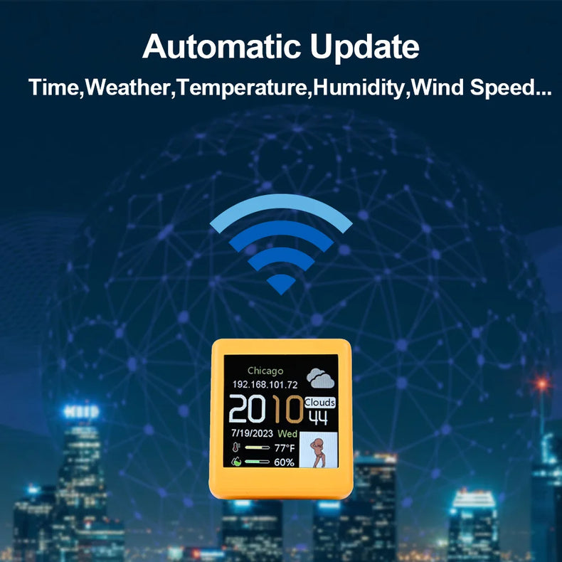 Mini Smart WIFI Weather Forecast Station Clock for Gaming Desktop Decoration. DIY Cute GIF Animations and Electronic Album
