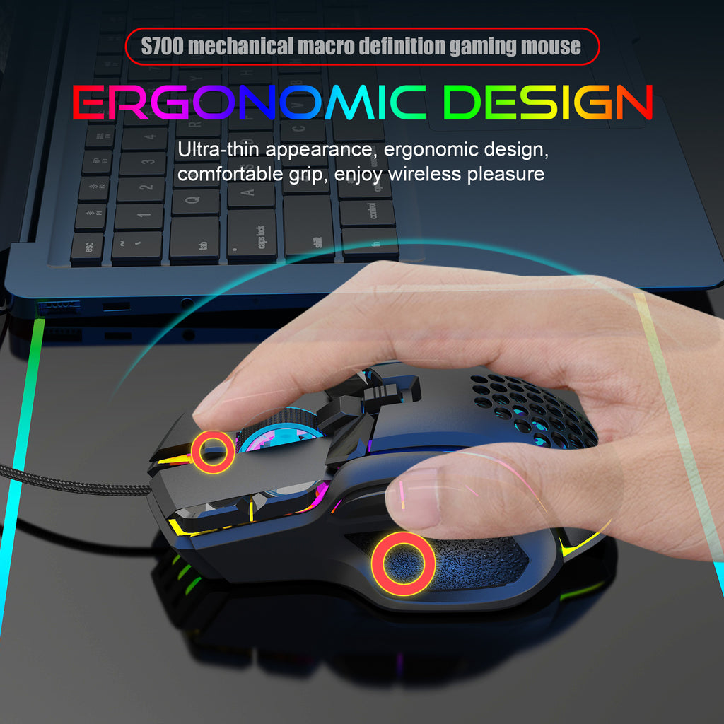 ماوس ألعاب ماكرو قابل للبرمجة بإضاءة RGB رائعة، 12800 نقطة لكل بوصة، ماوس ميكانيكي قابل للتعديل