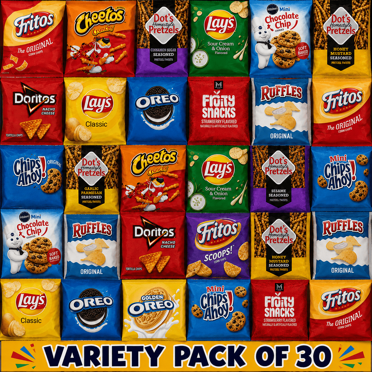 Of 30 Assorted Chips Cookie Pretzels Fruit Snacks Individually Packed Snacks For Parties Road Trips