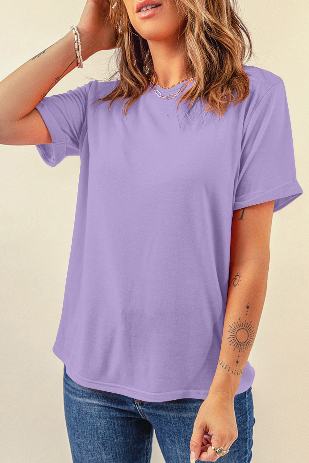 Dark Blue Casual Plain Crew Neck Tee