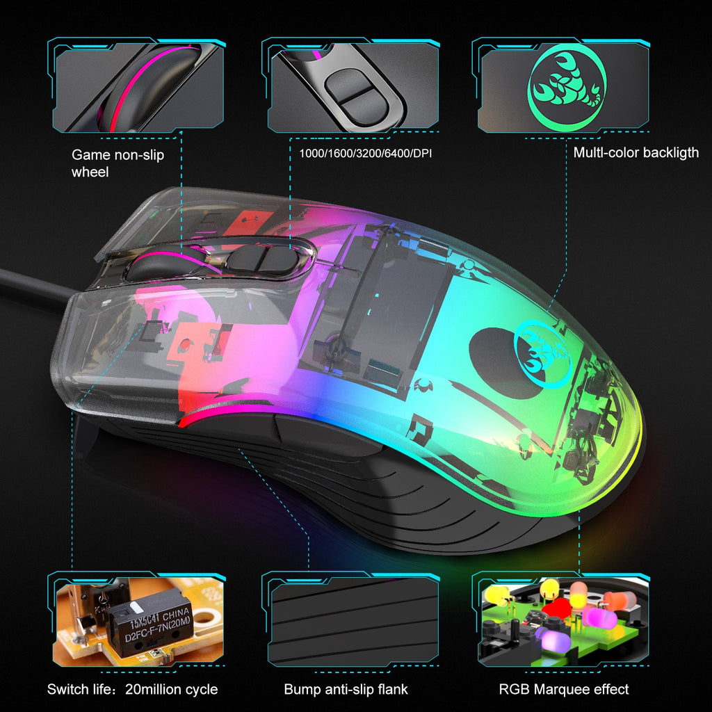 ماوس ألعاب ميكانيكي سلكي بإضاءة RGB للكمبيوتر المحمول والرياضات الإلكترونية USB
