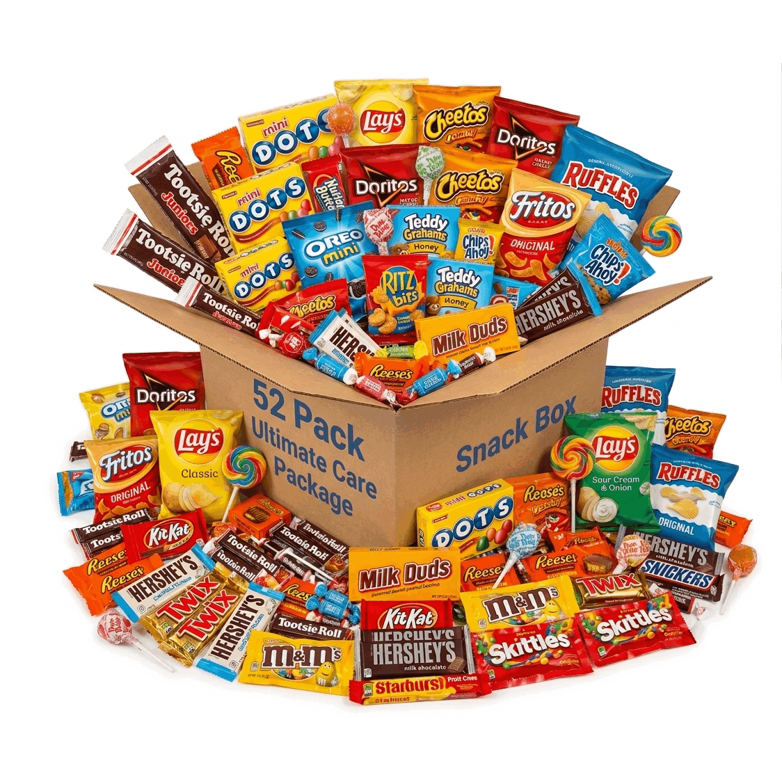 52 Pack Care Package Snack Box Bulk Snack Pack With Chips Cookie Candy Lollipops Featuring Starburst Ideal Assortment For Office College Parties