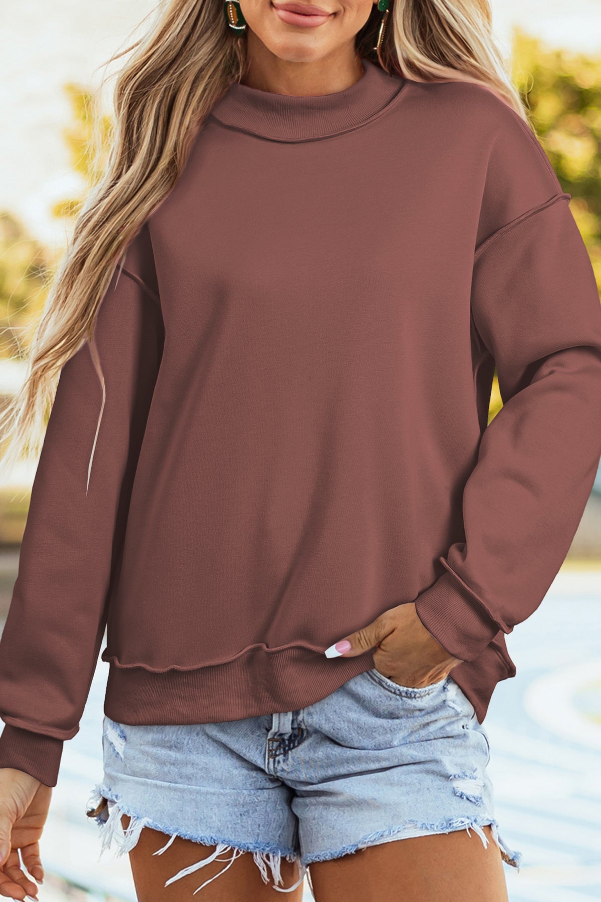 Light Grey Oversize Drop Shoulder Reversible Mock Neck Sweatshirt