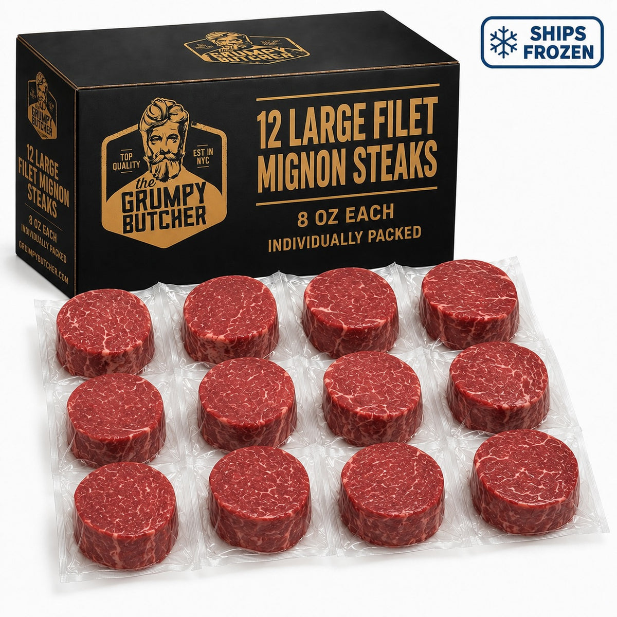 Grumpy Butcher Large Filet Mignon Steaks - 12 Pack, 8 oz Each