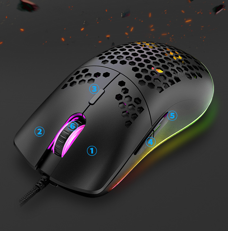 ماوس ألعاب سلكي، ماوس مثقب، ماوس ألعاب برمجة ماكرو مضيء RGB، 6 مفاتيح