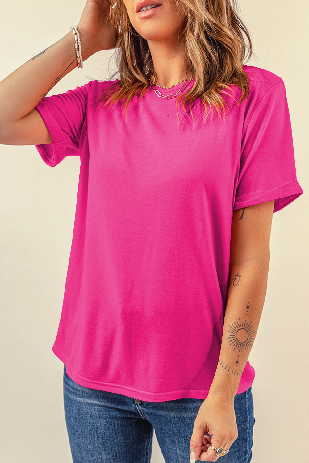 Dark Blue Casual Plain Crew Neck Tee