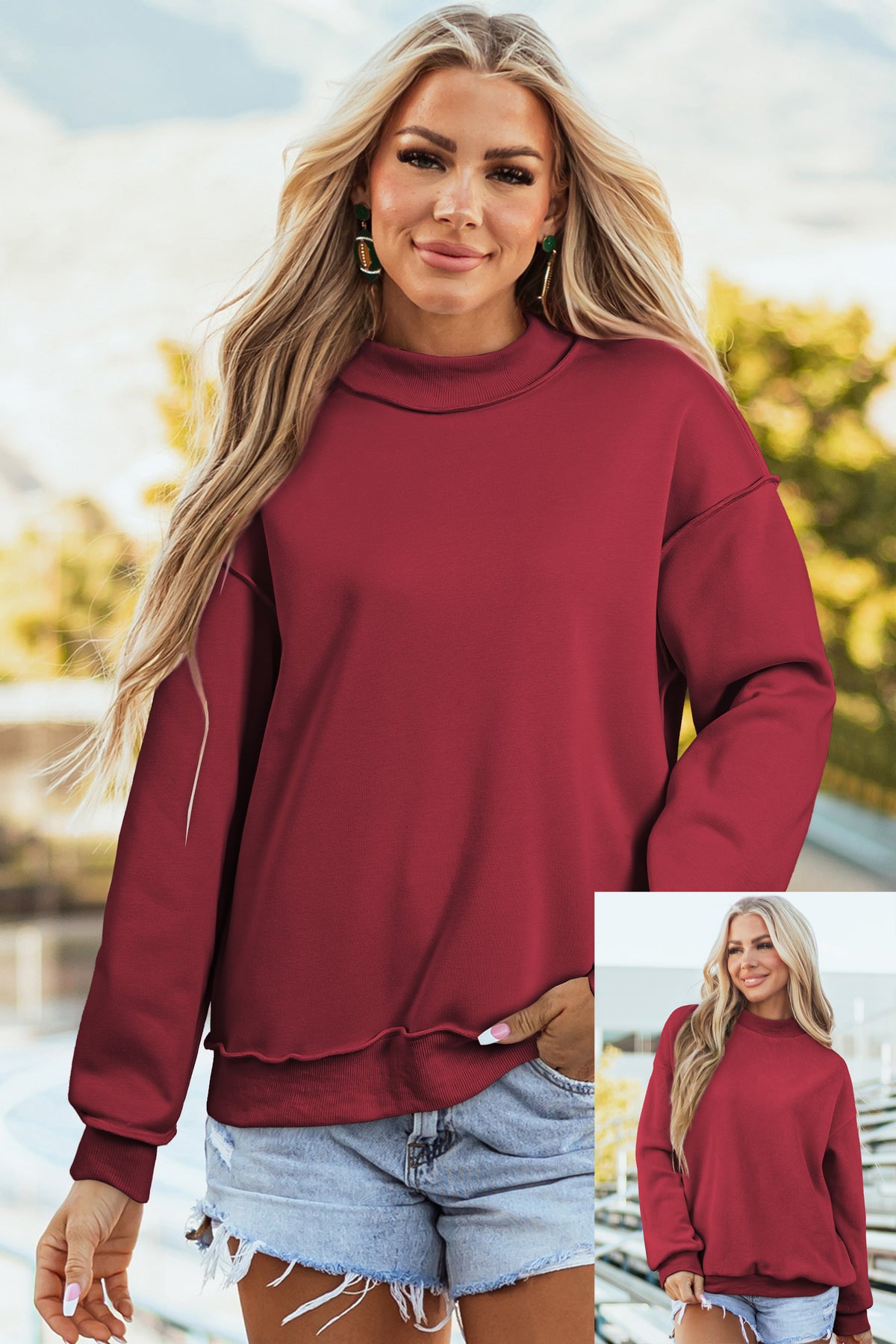 Light Grey Oversize Drop Shoulder Reversible Mock Neck Sweatshirt