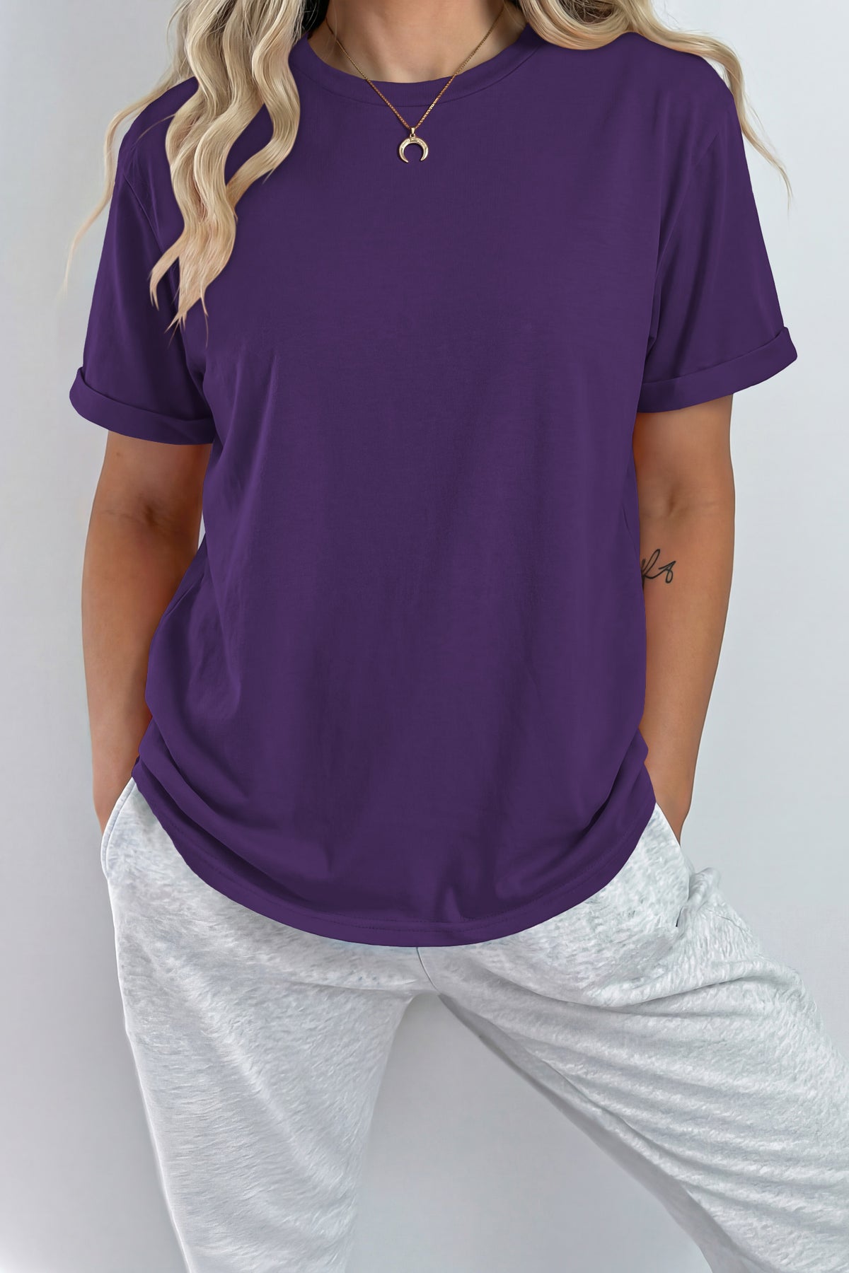 Dark Blue Casual Plain Crew Neck Tee
