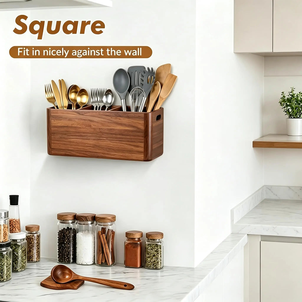 CENTER Kitchen Utensil Holder for Counter or Countertop Extra LargeOrganizer with 4 Compartments, Wooden Utensil Holder for Cooking Silverware,Wood Container Sturdy Utensil Crock