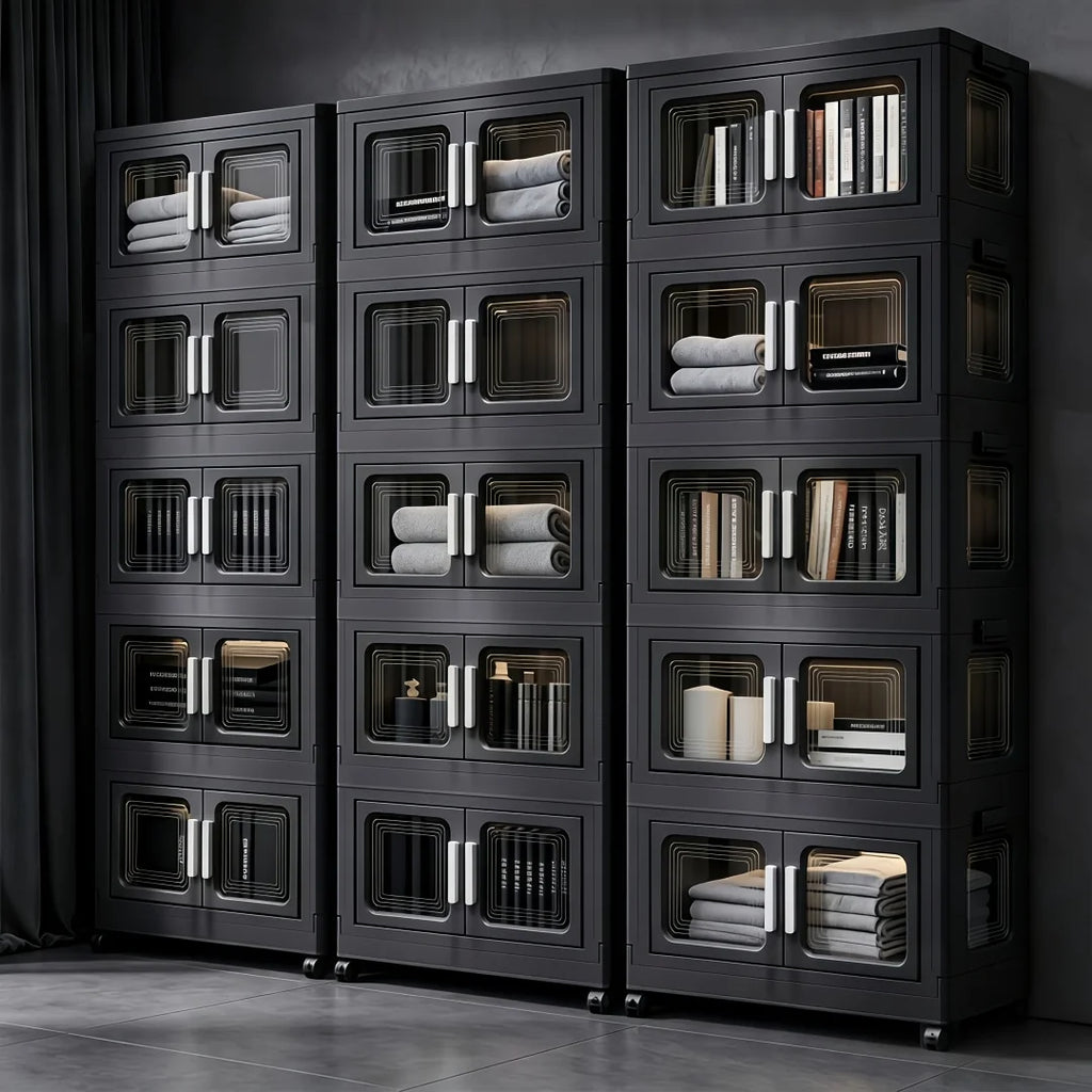 Foldable Storage Cabinet, No Assembly Needed, Stackable and Collapsible Plastic Storage Organizer with Geometric Transparent Double Doors and Ergonomic White Handle, Lockable Silent Wheels, Large-Capacity Dustproof Independent Storage Cabinet,