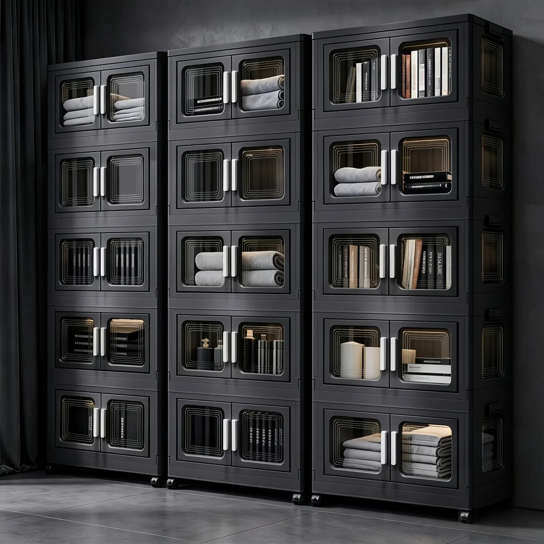 Foldable Storage Cabinet, No Assembly Needed, Stackable and Collapsible Plastic Storage Organizer with Geometric Transparent Double Doors and Ergonomic White Handle, Lockable Silent Wheels, Large-Capacity Dustproof Independent Storage Cabinet,