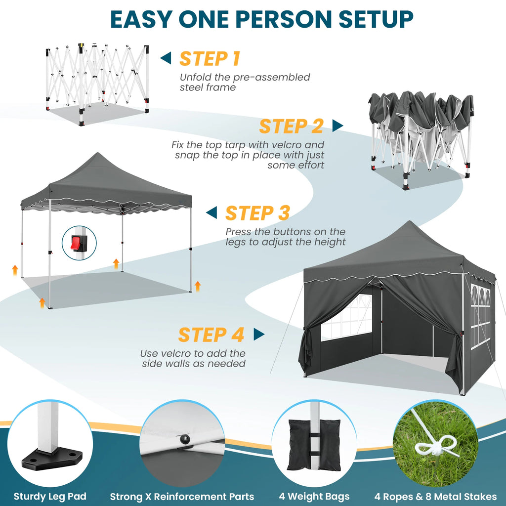COBIZI 10x10ft Pop Up Canopy Tent with 4 Side Walls & Accessories Kit, Foldable Instant Outdoor Gazebo Shelter, UPF50+ Waterproof UV Blocking Sun Shade, Portable Canopy Tent for Trade Shows, Market Stalls, Parties, Commercial and Personal Events