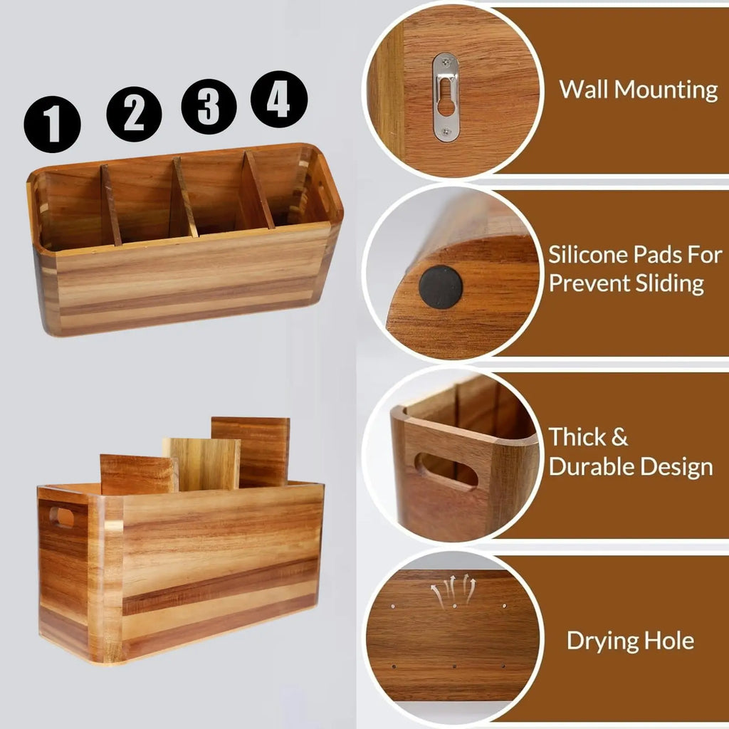 CENTER Kitchen Utensil Holder for Counter or Countertop Extra LargeOrganizer with 4 Compartments, Wooden Utensil Holder for Cooking Silverware,Wood Container Sturdy Utensil Crock