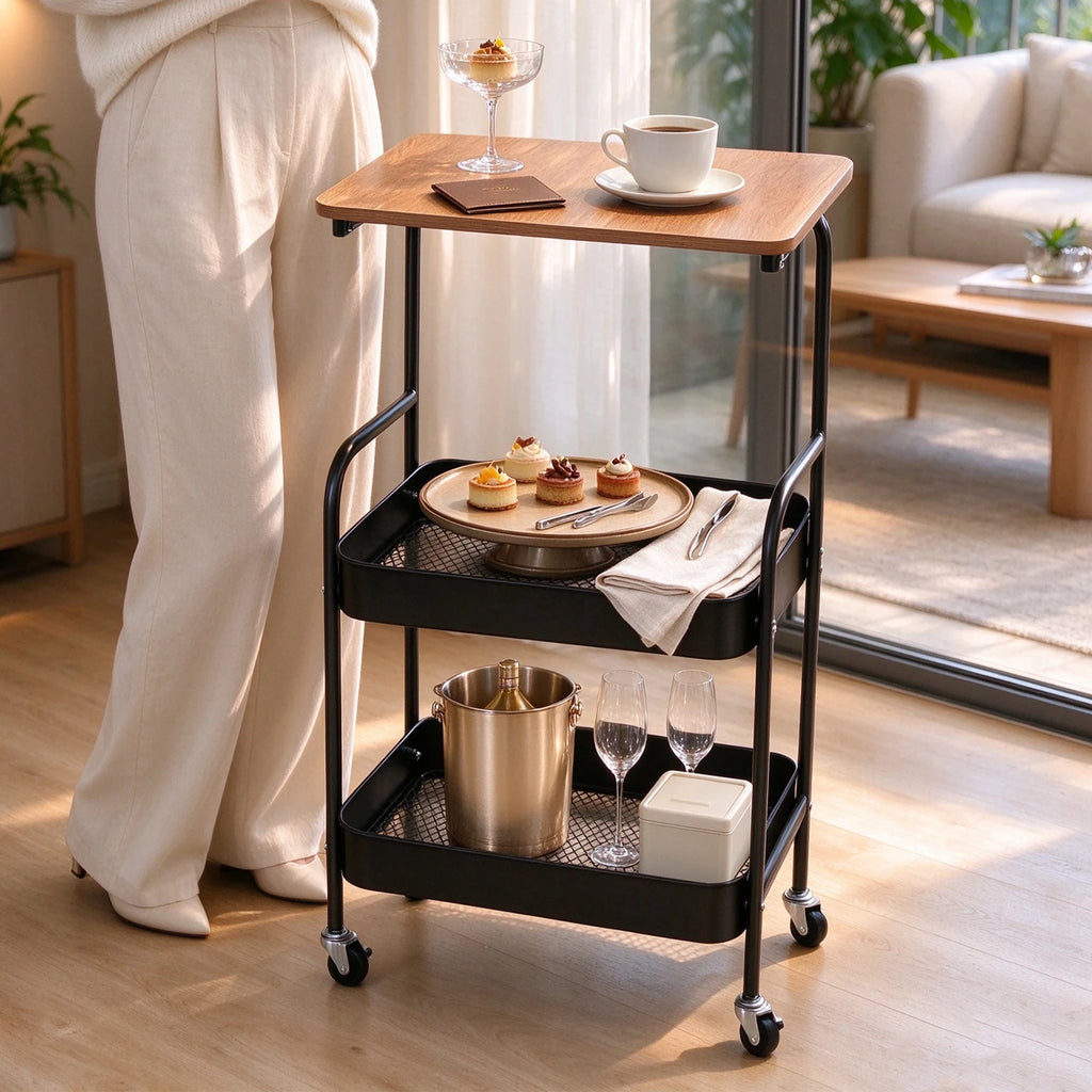 Mobile Rolling Serving Cart with Wood Tabletop, 3-Tier Metal Mesh Storage Utility Cart with Lockable Wheels, Versatile Organizer Trolley for Kitchen, Bedroom, Salon, Bar & Living Room