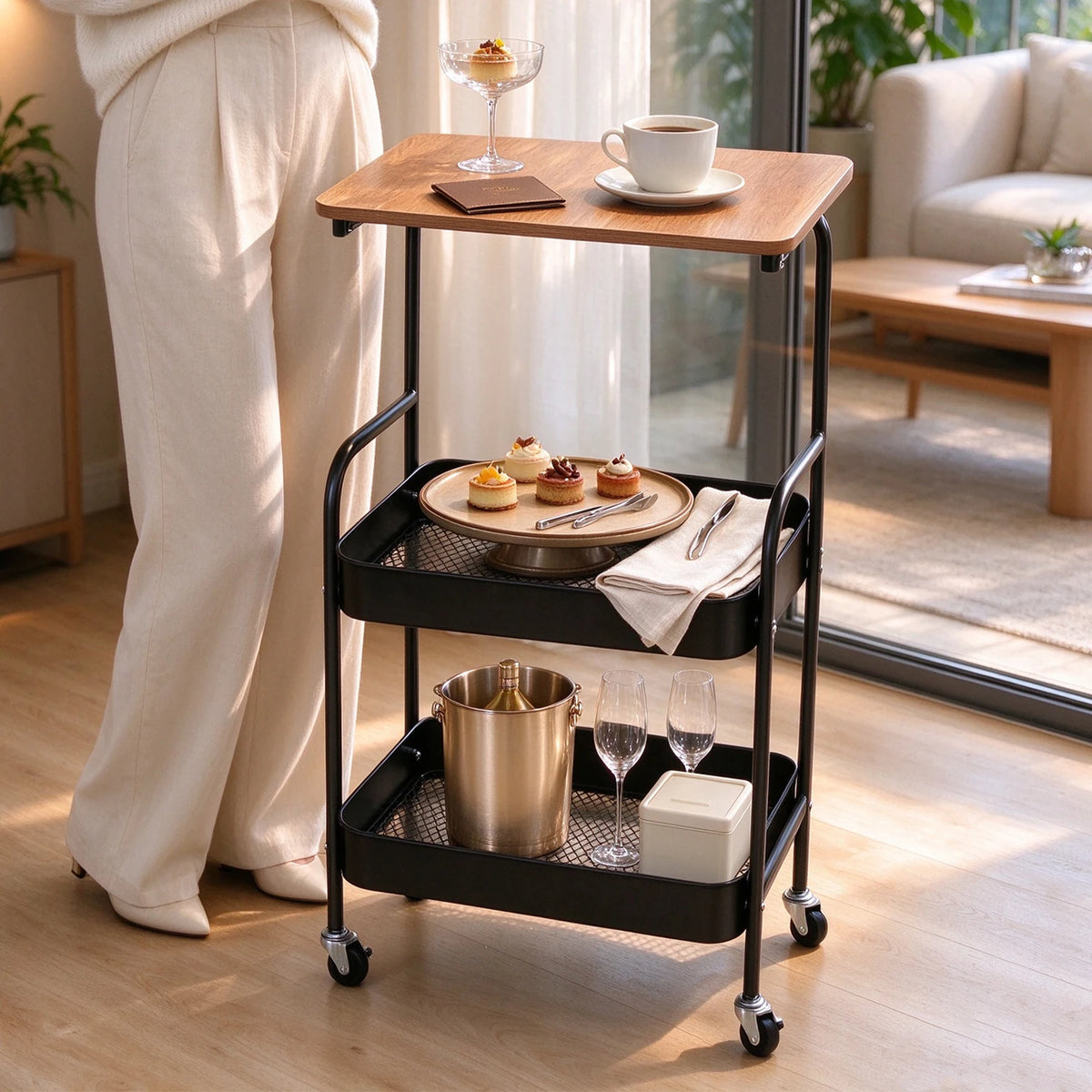 Mobile Rolling Serving Cart with Wood Tabletop, 3-Tier Metal Mesh Storage Utility Cart with Lockable Wheels, Versatile Organizer Trolley for Kitchen, Bedroom, Salon, Bar & Living Room