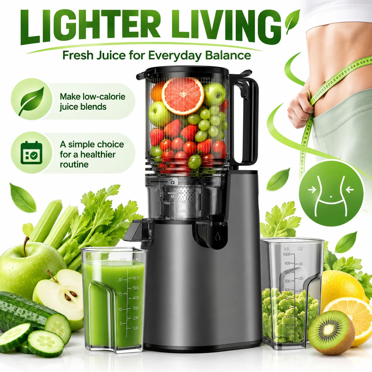 5.4" Large Feed Chute Slow Masticating Juicer, 350W Cold Press Juicer Machines for Whole Fruits & Veggies, 50RPM Quiet Juicer Extractor, Easy to Clean, 2 Color Options, BPA-Free for Home Fresh Juice