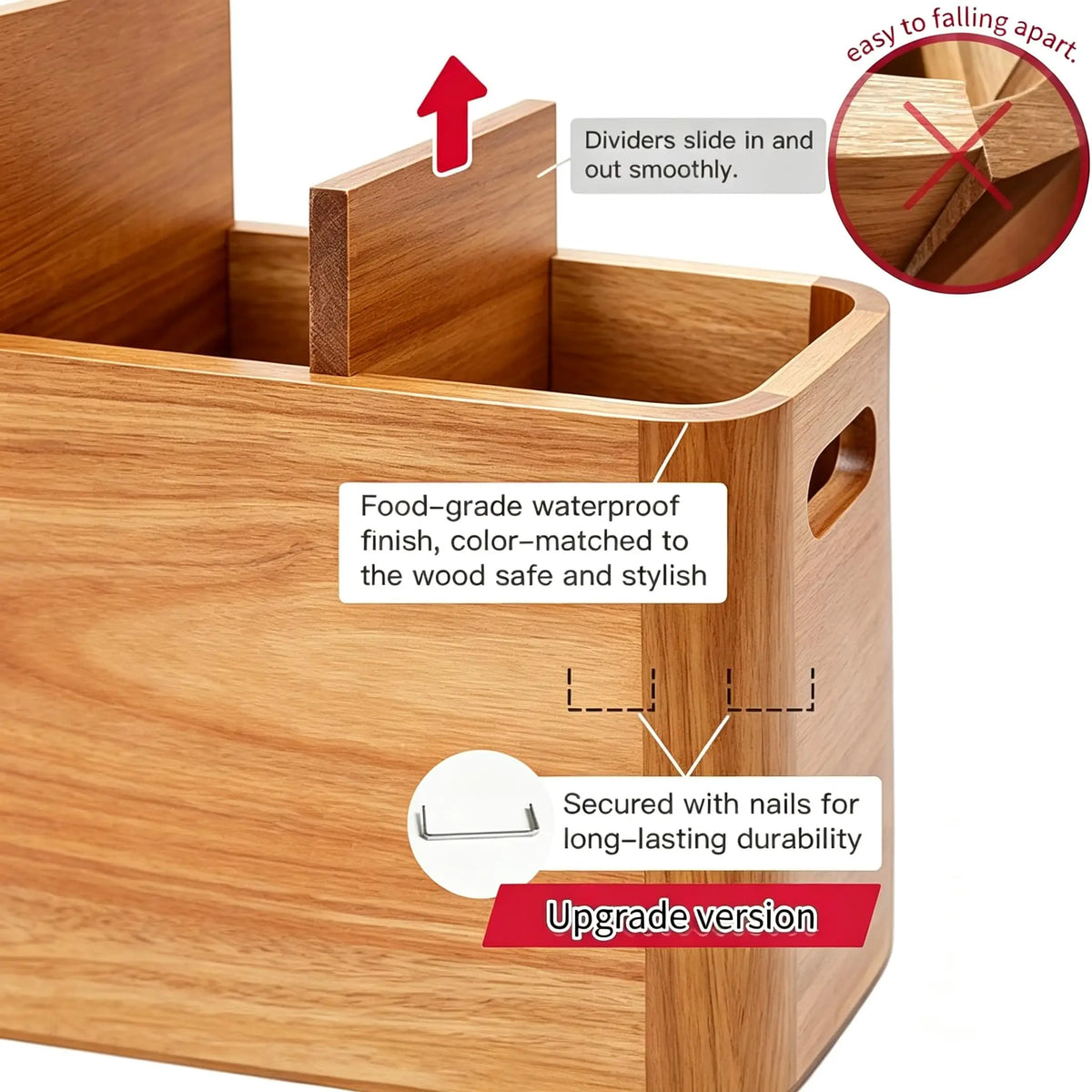 CENTER Kitchen Utensil Holder for Counter or Countertop Extra LargeOrganizer with 4 Compartments, Wooden Utensil Holder for Cooking Silverware,Wood Container Sturdy Utensil Crock