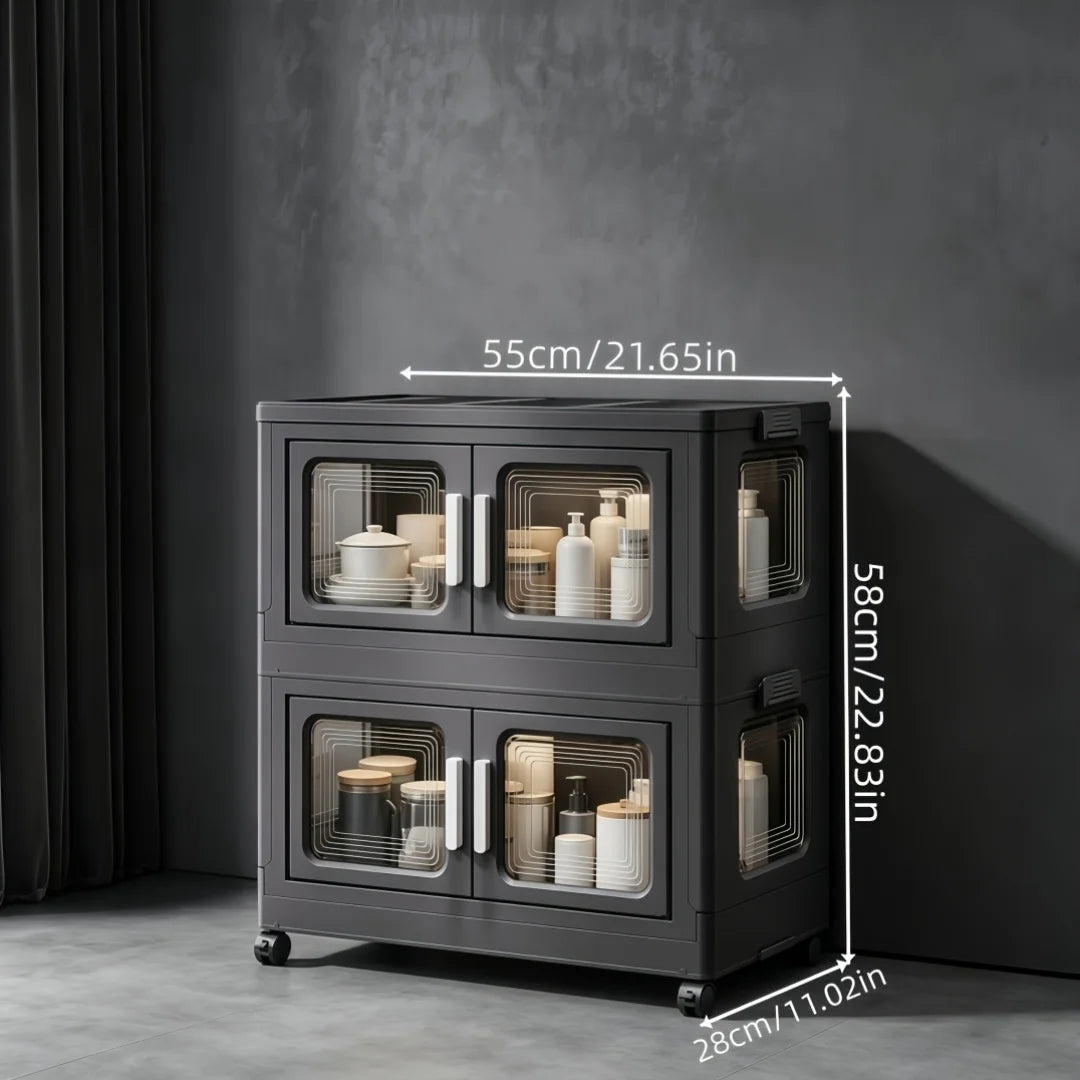 Foldable Storage Cabinet, No Assembly Needed, Stackable and Collapsible Plastic Storage Organizer with Geometric Transparent Double Doors and Ergonomic White Handle, Lockable Silent Wheels, Large-Capacity Dustproof Independent Storage Cabinet,