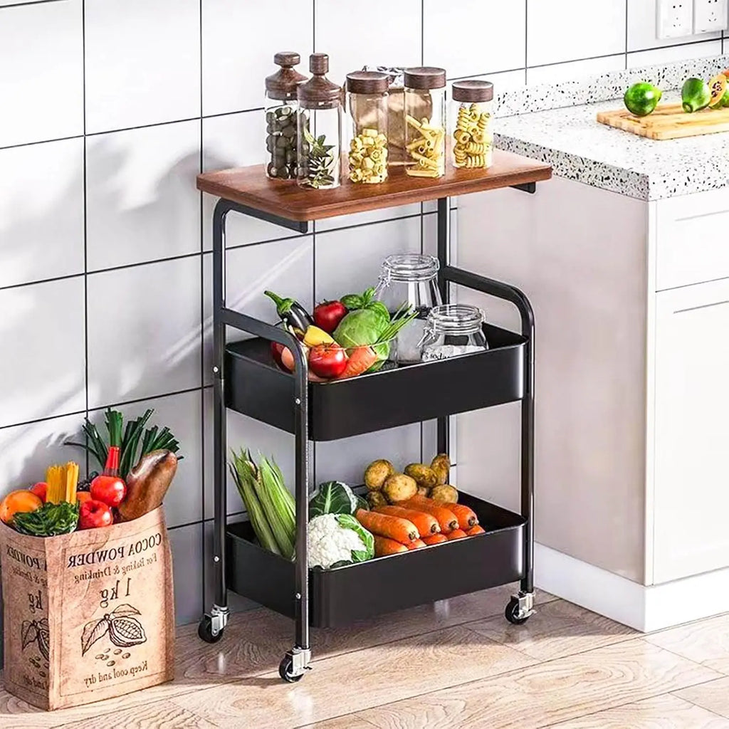Mobile Rolling Serving Cart with Wood Tabletop, 3-Tier Metal Mesh Storage Utility Cart with Lockable Wheels, Versatile Organizer Trolley for Kitchen, Bedroom, Salon, Bar & Living Room