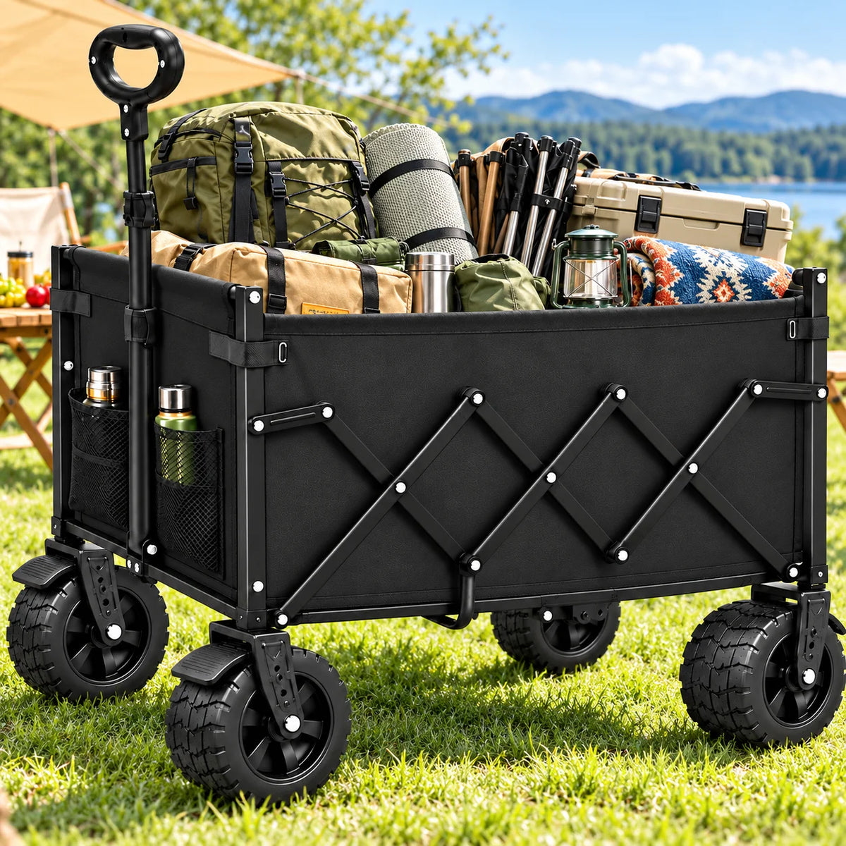 739/600/375LBS Heavy Duty Folding Wagon Cart, Large Capacity Collapsible Utility Wagon with Reinforced Steel Frame, Durable Oxford Fabric, Adjustable Handle, Extra Wide All-Terrain Wheels & Side Storage Pockets for Camping, Shopping, Garden, Beach & Outdo