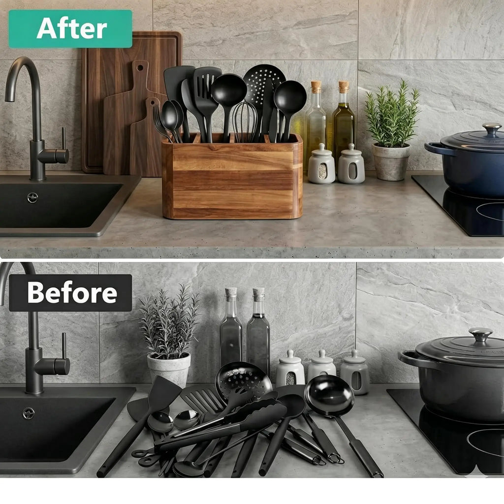 CENTER Kitchen Utensil Holder for Counter or Countertop Extra LargeOrganizer with 4 Compartments, Wooden Utensil Holder for Cooking Silverware,Wood Container Sturdy Utensil Crock