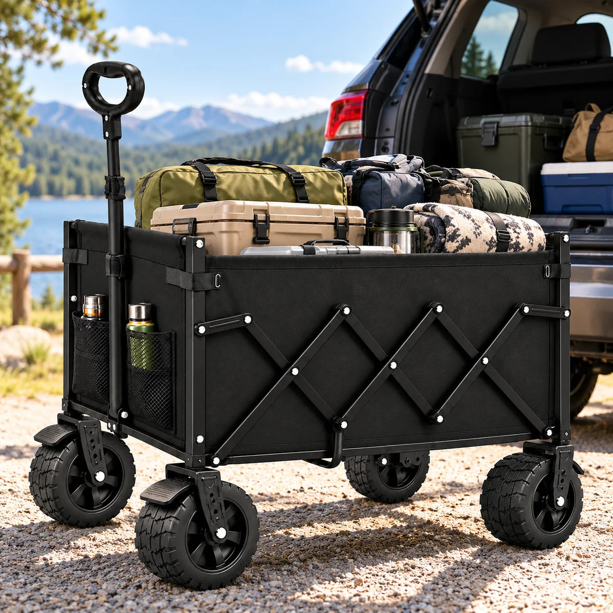 739/600/375LBS Heavy Duty Folding Wagon Cart, Large Capacity Collapsible Utility Wagon with Reinforced Steel Frame, Durable Oxford Fabric, Adjustable Handle, Extra Wide All-Terrain Wheels & Side Storage Pockets for Camping, Shopping, Garden, Beach & Outdo