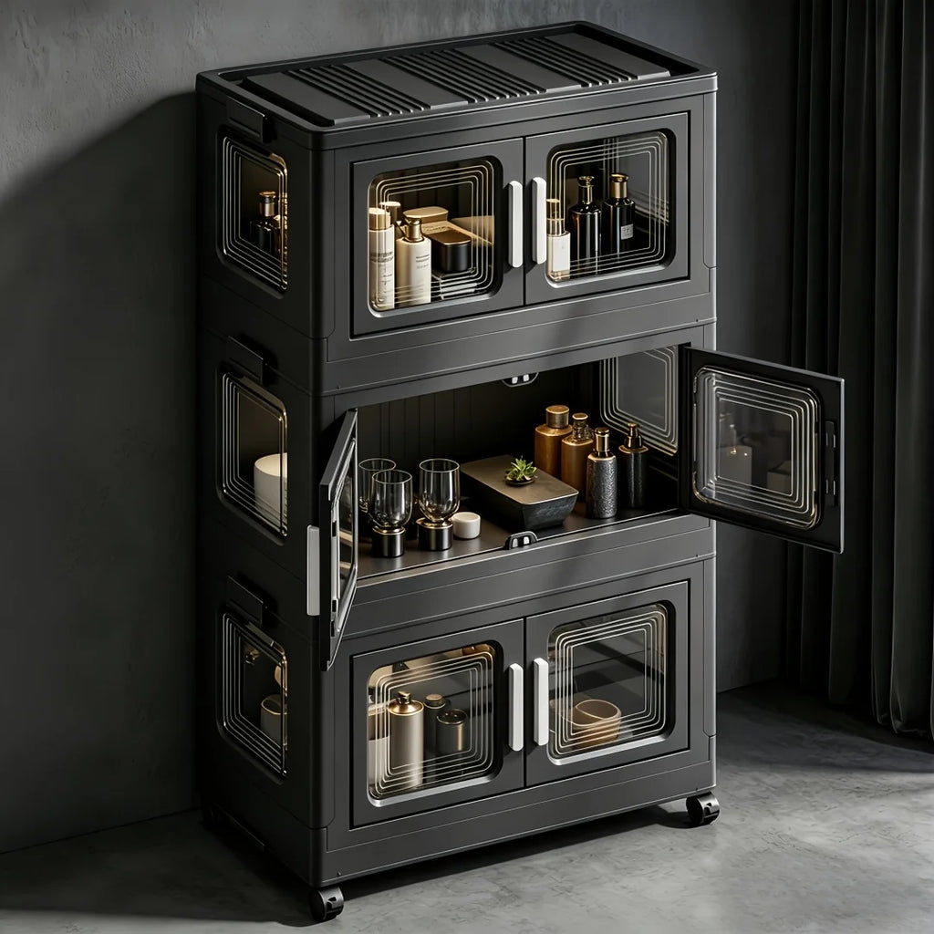 Foldable Storage Cabinet, No Assembly Needed, Stackable and Collapsible Plastic Storage Organizer with Geometric Transparent Double Doors and Ergonomic White Handle, Lockable Silent Wheels, Large-Capacity Dustproof Independent Storage Cabinet,
