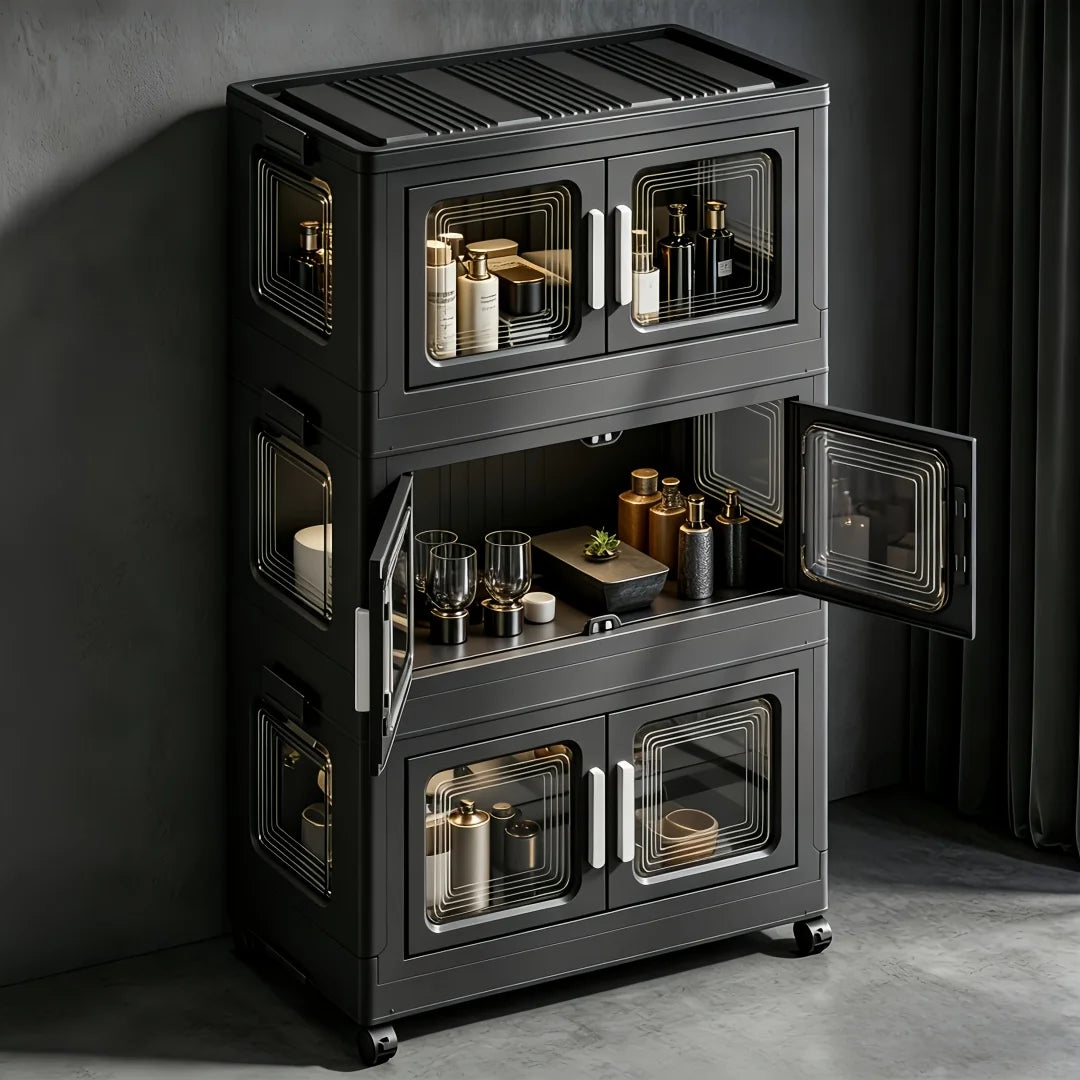 Foldable Storage Cabinet, No Assembly Needed, Stackable and Collapsible Plastic Storage Organizer with Geometric Transparent Double Doors and Ergonomic White Handle, Lockable Silent Wheels, Large-Capacity Dustproof Independent Storage Cabinet,