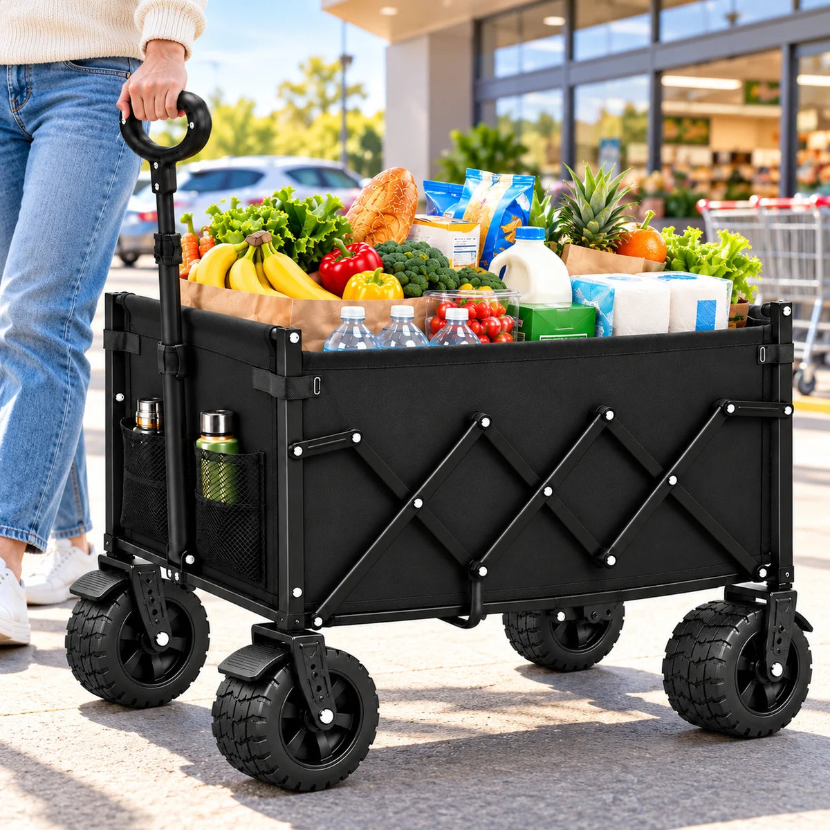 739/600/375LBS Heavy Duty Folding Wagon Cart, Large Capacity Collapsible Utility Wagon with Reinforced Steel Frame, Durable Oxford Fabric, Adjustable Handle, Extra Wide All-Terrain Wheels & Side Storage Pockets for Camping, Shopping, Garden, Beach & Outdo