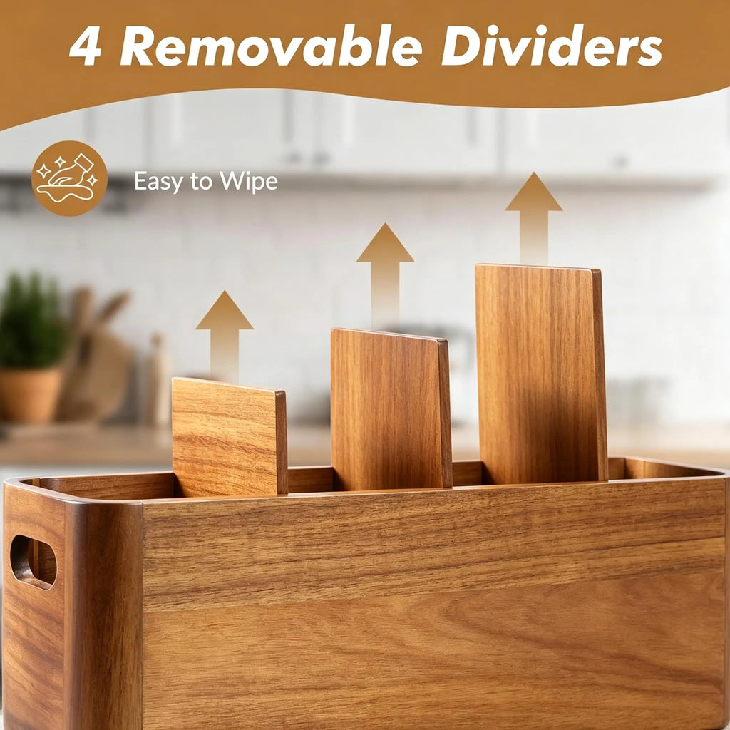 CENTER Kitchen Utensil Holder for Counter or Countertop Extra LargeOrganizer with 4 Compartments, Wooden Utensil Holder for Cooking Silverware,Wood Container Sturdy Utensil Crock