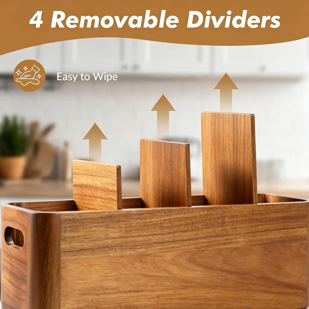 CENTER Kitchen Utensil Holder for Counter or Countertop Extra LargeOrganizer with 4 Compartments, Wooden Utensil Holder for Cooking Silverware,Wood Container Sturdy Utensil Crock