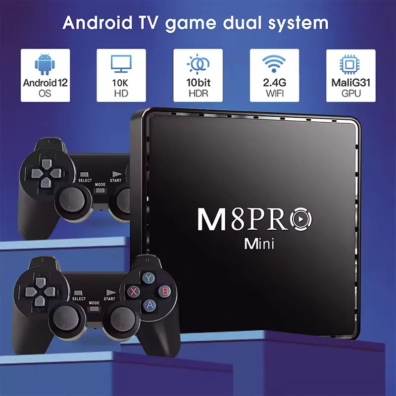 M8PRO عصا ألعاب فيديو صغيرة بنظام مزدوج Android 11.1+ ألعاب وحدة تحكم ألعاب الفيديو الرجعية 2.4G/5G وحدة تحكم لاسلكية 20000+ لعبة 64 جيجابايت