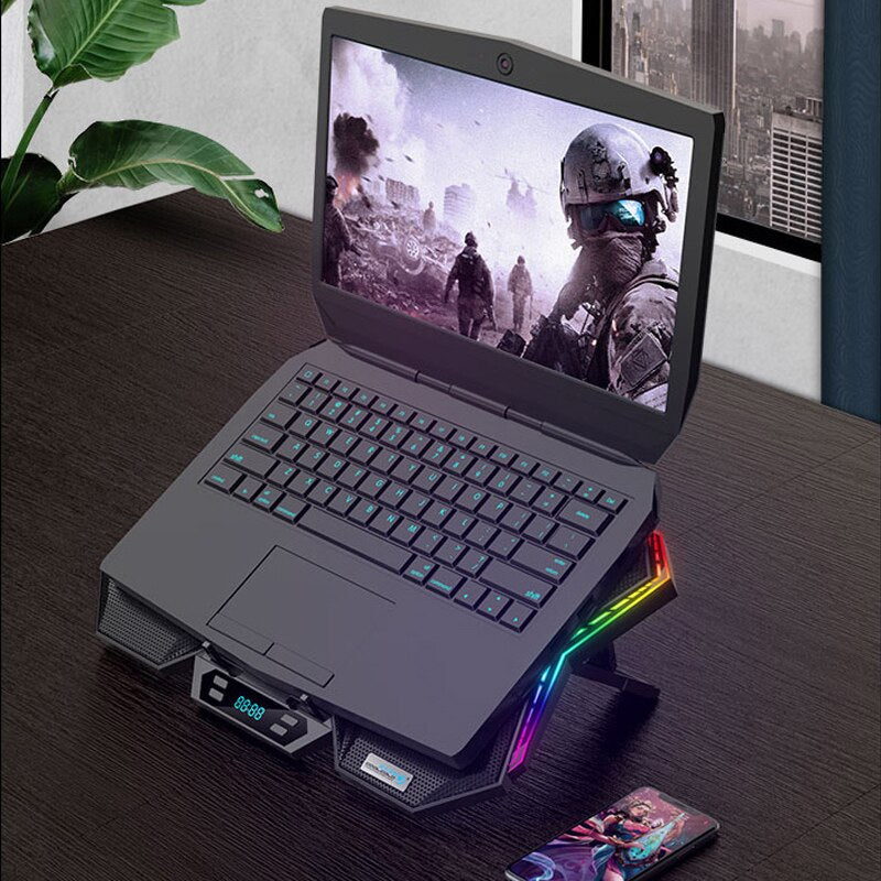 مروحة تبريد لابتوب للألعاب، ست مراوح، منفذا USB، إضاءة LED RGB، حامل نوت بوك للابتوب 12-17 بوصة، لوحة تبريد للابتوب