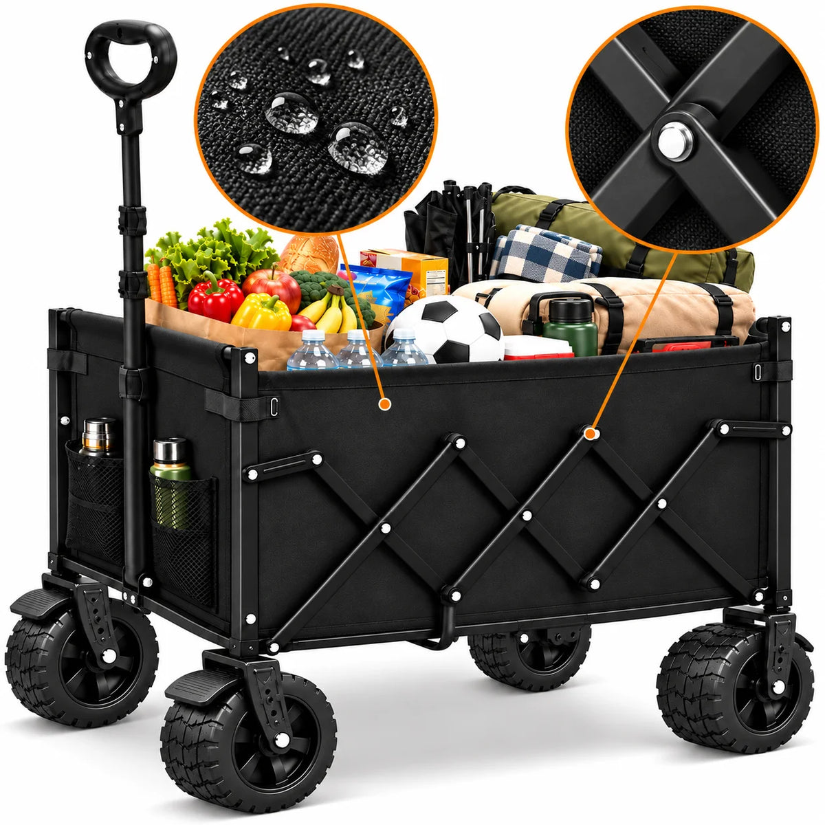 739/600/375LBS Heavy Duty Folding Wagon Cart, Large Capacity Collapsible Utility Wagon with Reinforced Steel Frame, Durable Oxford Fabric, Adjustable Handle, Extra Wide All-Terrain Wheels & Side Storage Pockets for Camping, Shopping, Garden, Beach & Outdo