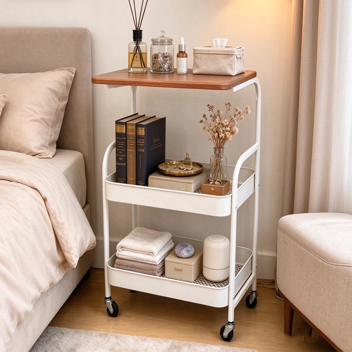 Mobile Rolling Serving Cart with Wood Tabletop, 3-Tier Metal Mesh Storage Utility Cart with Lockable Wheels, Versatile Organizer Trolley for Kitchen, Bedroom, Salon, Bar & Living Room