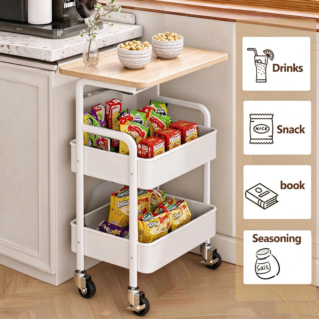 Mobile Rolling Serving Cart with Wood Tabletop, 3-Tier Metal Mesh Storage Utility Cart with Lockable Wheels, Versatile Organizer Trolley for Kitchen, Bedroom, Salon, Bar & Living Room