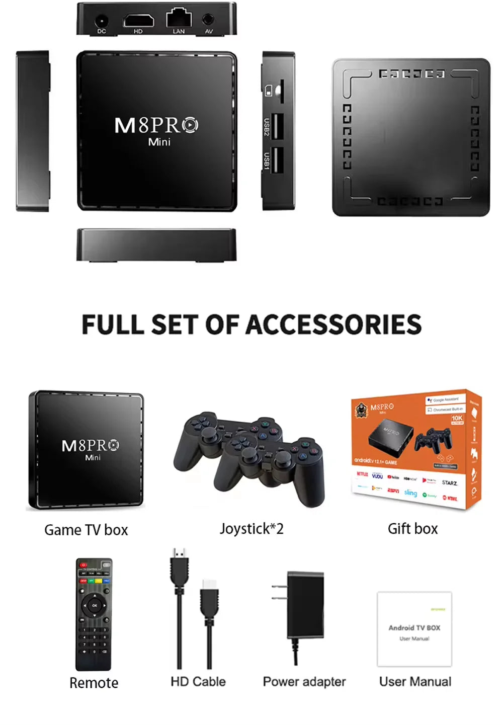 M8PRO Mini Video Game Stick Dual System Android 11.1+GAME Retro Video Game Console 2.4G/5G Wireless Controller 20000+ Games 64GB