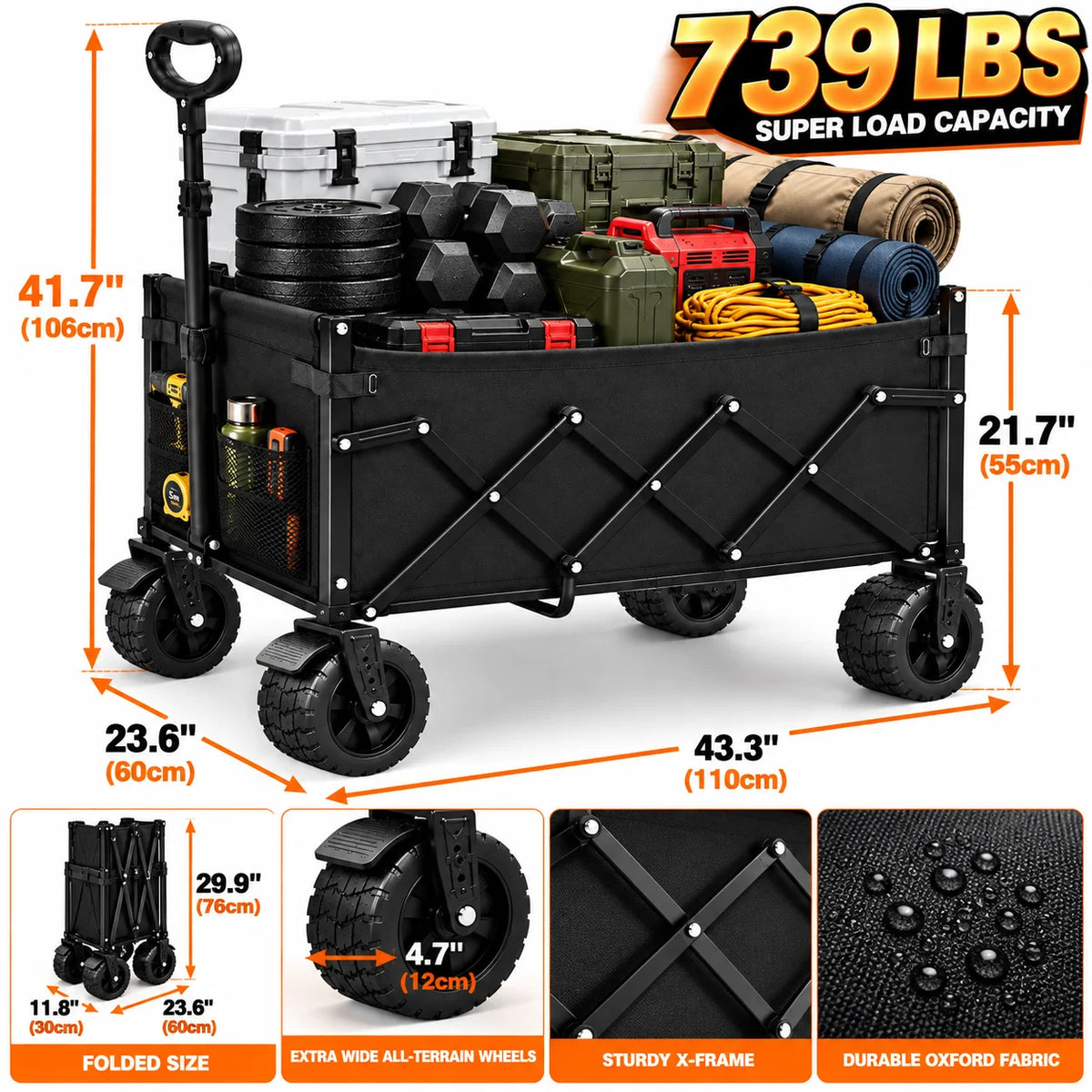 739/600/375LBS Heavy Duty Folding Wagon Cart, Large Capacity Collapsible Utility Wagon with Reinforced Steel Frame, Durable Oxford Fabric, Adjustable Handle, Extra Wide All-Terrain Wheels & Side Storage Pockets for Camping, Shopping, Garden, Beach & Outdo