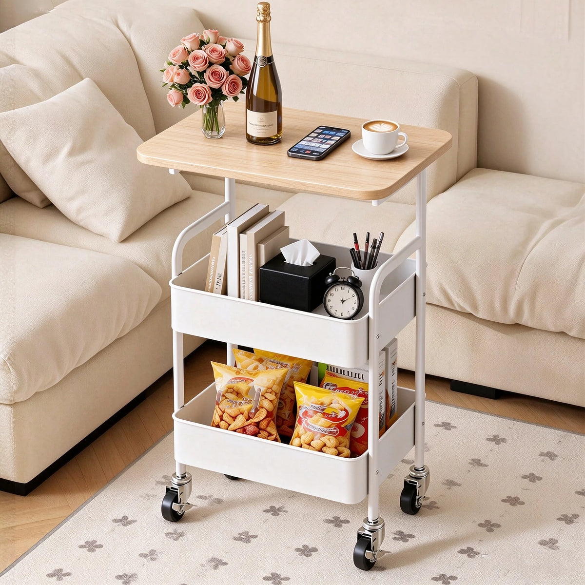 Mobile Rolling Serving Cart with Wood Tabletop, 3-Tier Metal Mesh Storage Utility Cart with Lockable Wheels, Versatile Organizer Trolley for Kitchen, Bedroom, Salon, Bar & Living Room
